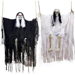 2 Pack Halloween Decorations Hanging Skeleton Ghosts with Light, Decor Props
